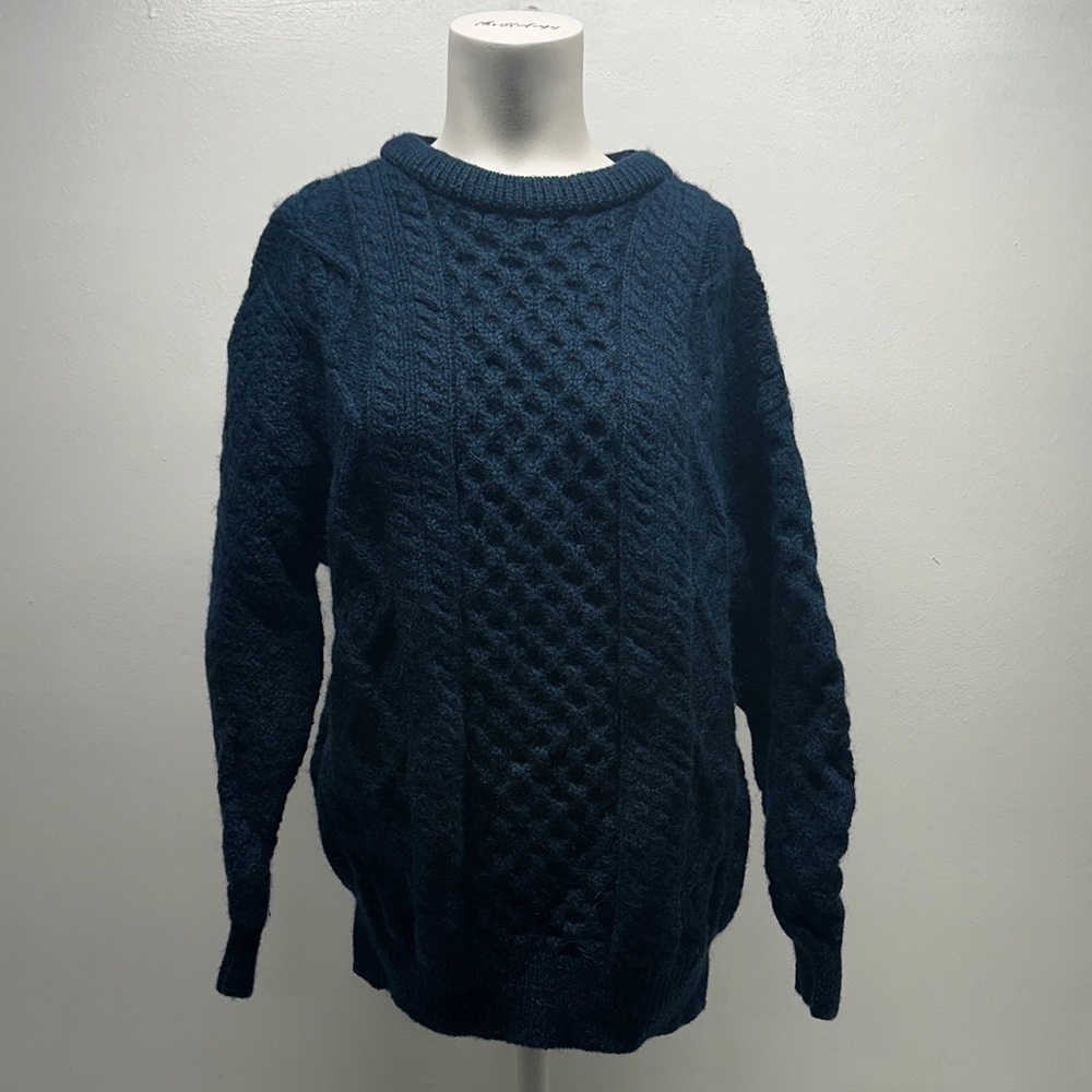 Aran Sweater Market Cable Chunky Knit Top Long Sleeve Pure Merino Wool Blue XXL
